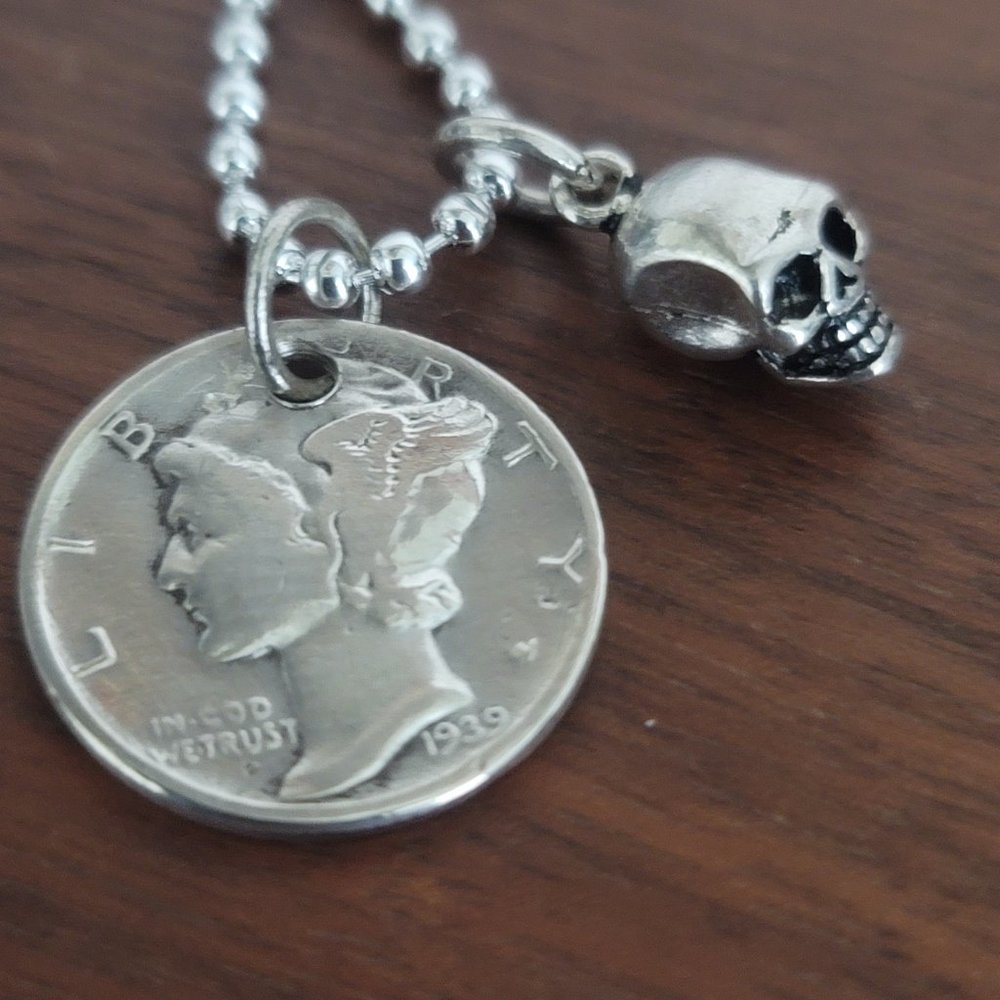 Women's Sterling Silver Mercury Dime Skull necklace